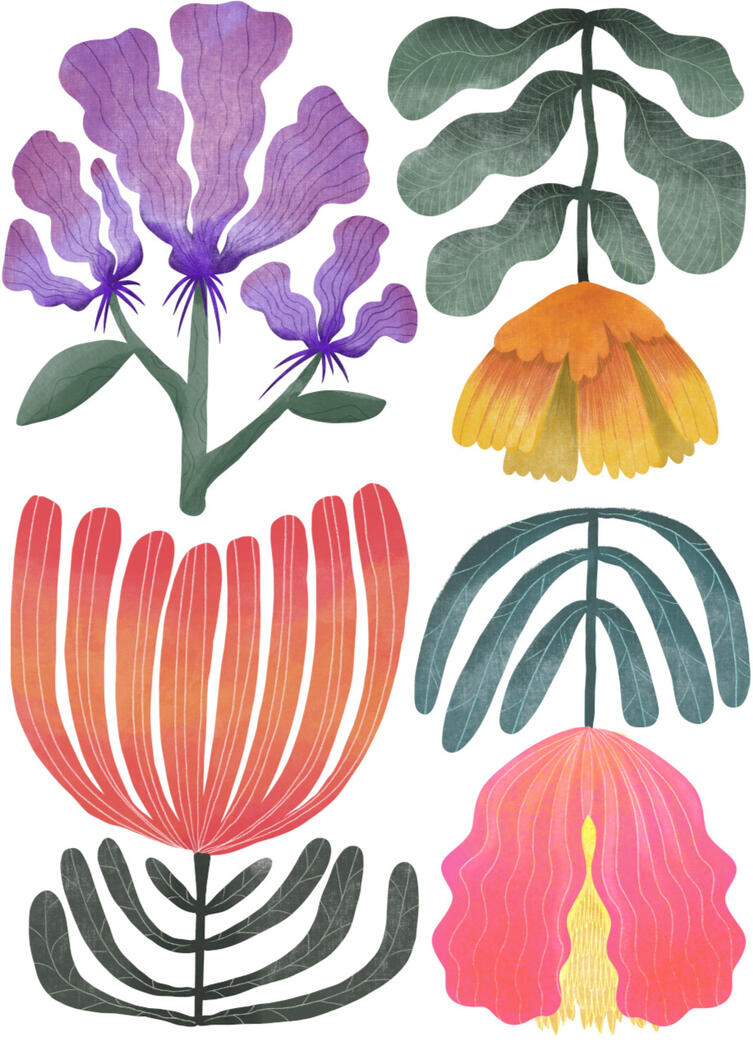 Botanical 1 Digital illustration of four stylized flowers
