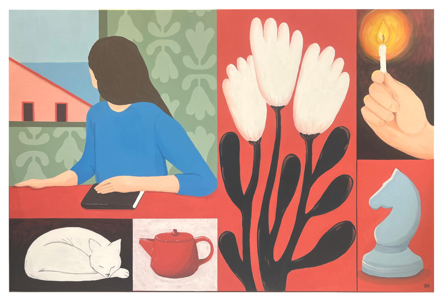 Koselig Acrylic and color pencil painted canvas of a fragmented higgelig scene